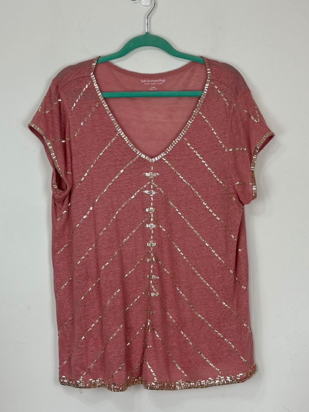 Soft Surroundings Womens Pink Linen Sequin Cap Sleeve Top L Boho Resortwear